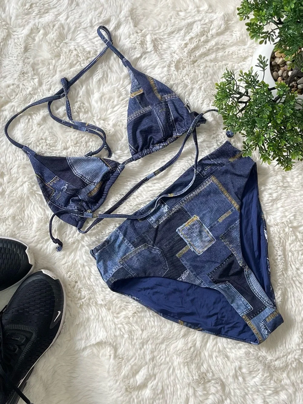 Weworewhat Women’s Denim Print Bikini Set – Navy & Blue – Top XL / Bottom Smal
